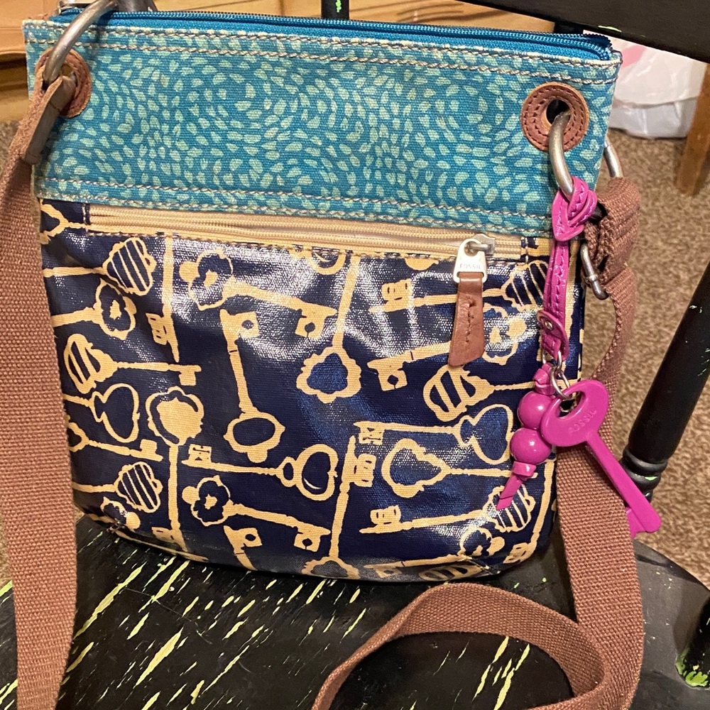 Fossil Navy Key-Print Crossbody with Teal Top and Pink Charm